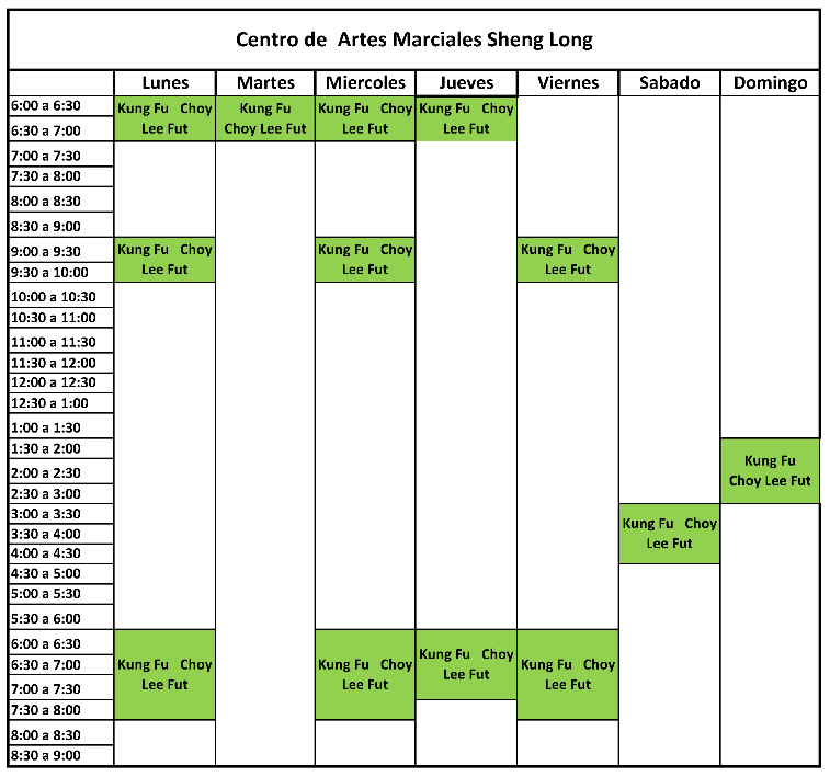 Horarios de Kung Fu Centro de Artes Marciales Sheng Long