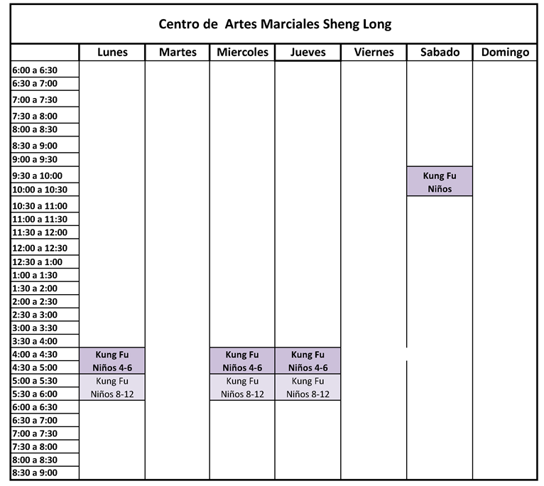 Horarios de Kung Fu para Niños Centro de Artes Marciales Sheng Long