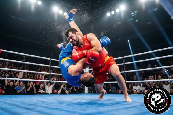 Instructor ejecutando una técnica de derribo Shuai en combate de Sanda