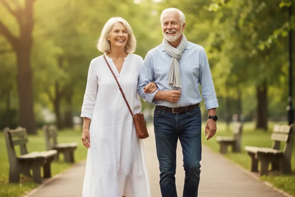 Adulto mayor caminando con confianza en un parque gracias al Tai Chi