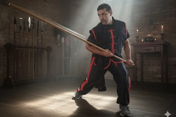 Sifu John La Touche demostrando una forma con arma tradicional de Kung Fu