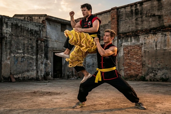 Jóvenes practicando saltos y posturas de Kung Fu para el León