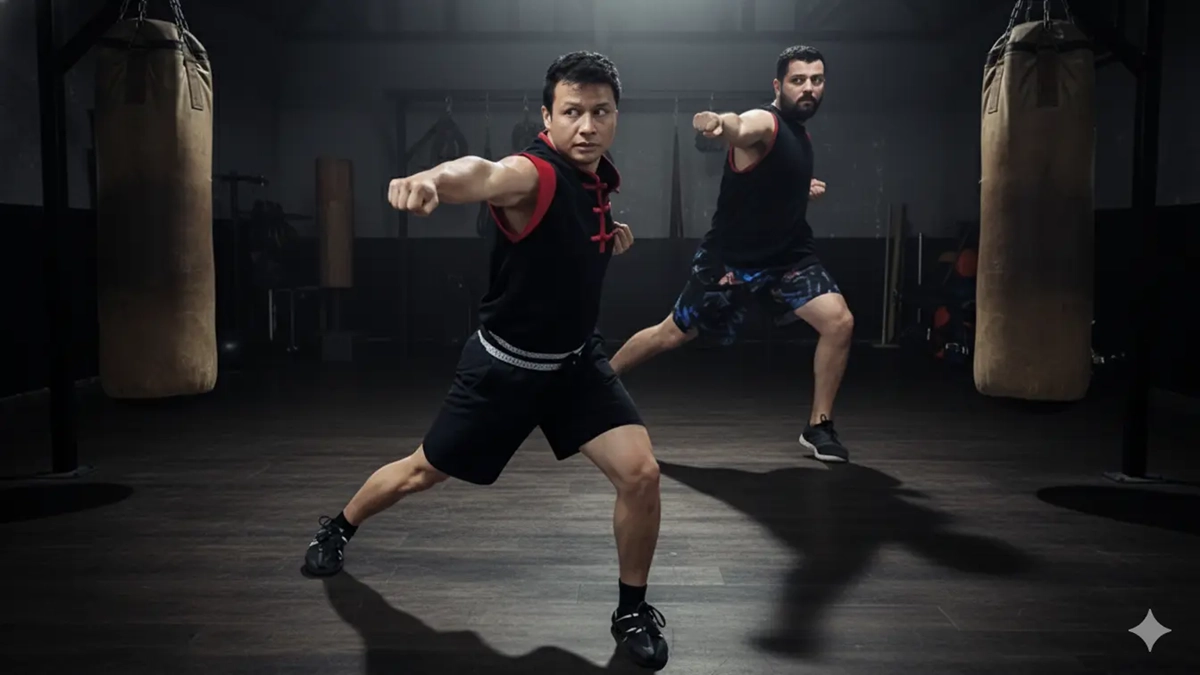 Estudiantes en postura de Kung Fu Sei Ping Ma demostrando fitness y disciplina