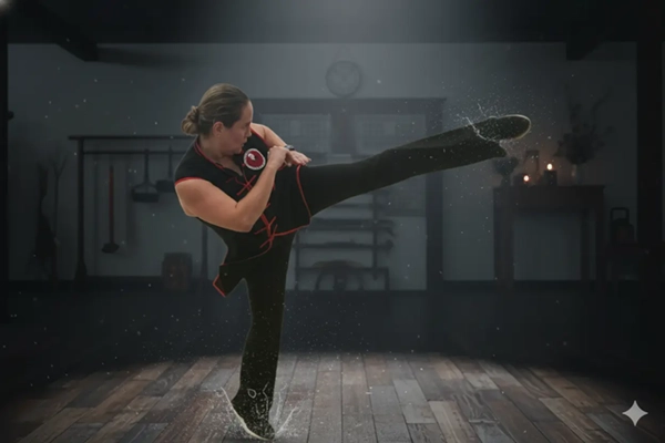 Estudiante de Kung Fu realizando una patada alta demostrando flexibilidad y fuerza