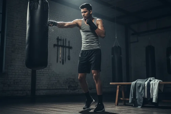 Profesional liberando estrés y burnout golpeando un saco con Kung Fu