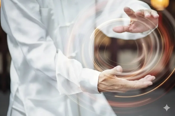 Manos de Tai Chi en movimiento fluido, capturando el 'flujo continuo'