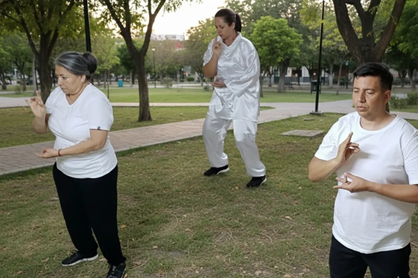 Grupo de personas practicando Qigong en un ambiente de calma