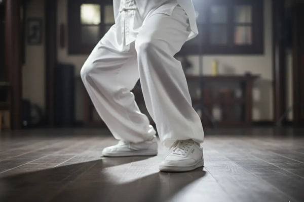 Detalle de pies en 'paso vacío' de Tai Chi, mostrando el cambio de peso Yin/Yang